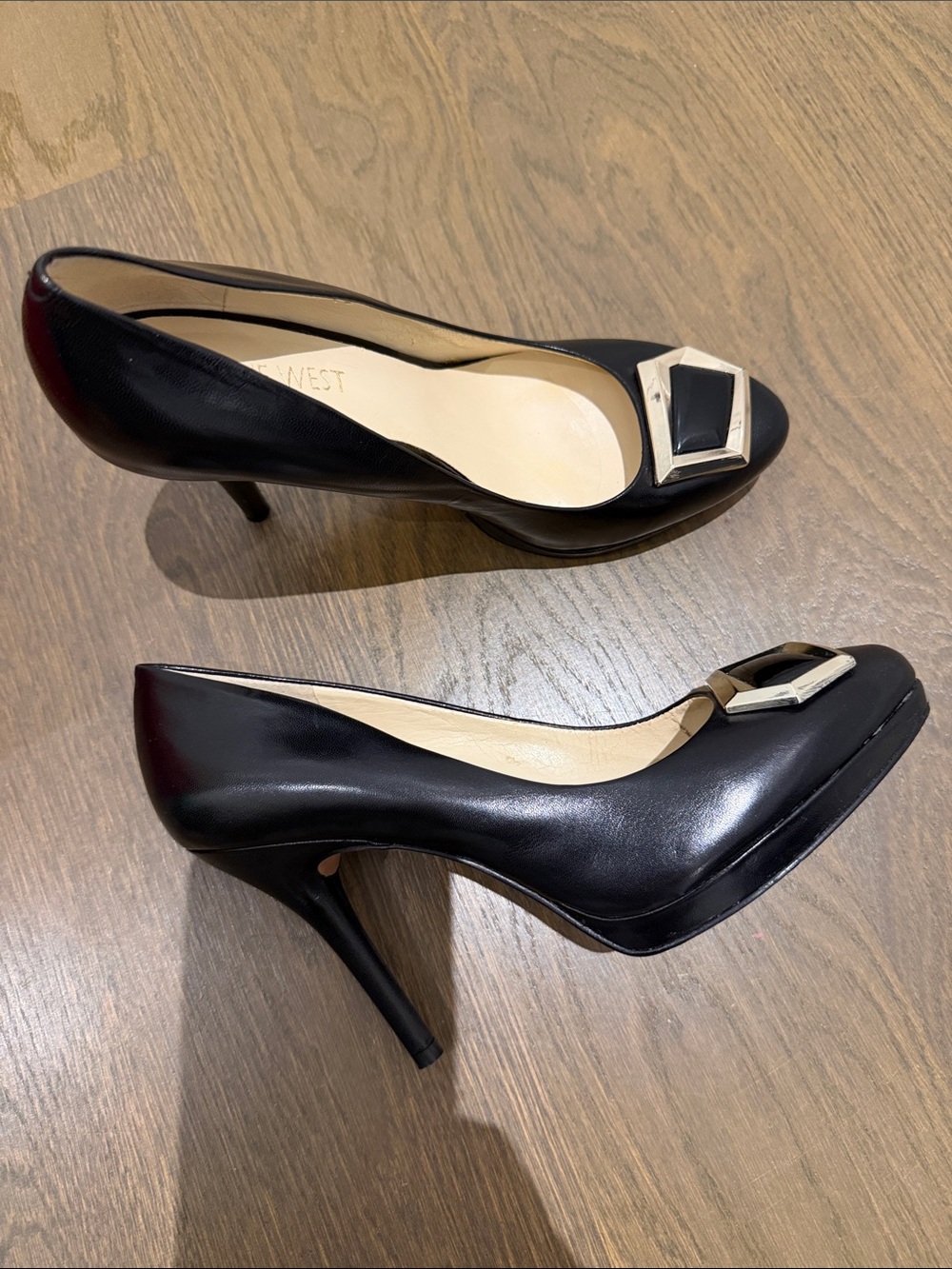 Nine West Black Pointed-Toe Flats with Gold Geometric Buckle